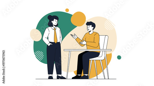 Two colleagues discussing ideas in a modern office setting with abstract shapes