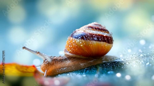 Close-up of a snail on a dewy leaf in nature