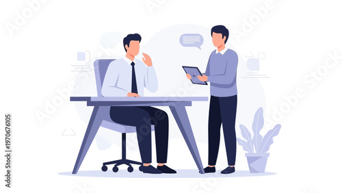 Business meeting: Two colleagues discussing work with tablet at office desk