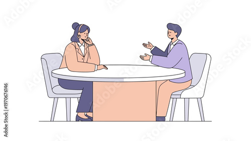 Two professionals discussing at a round table, business meeting illustration
