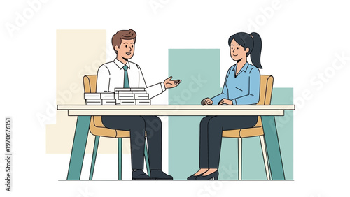 Business meeting: man with money stack explains to woman at desk, office background