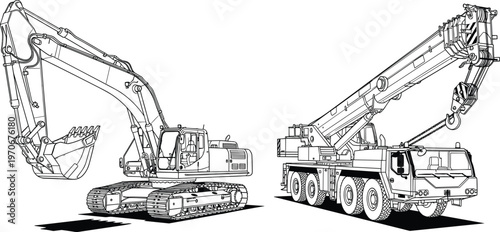 Technical line drawings of excavator and mobile crane, vector illustration highlighting heavy construction machinery, engineering design, and industrial equipment for excavation and lifting