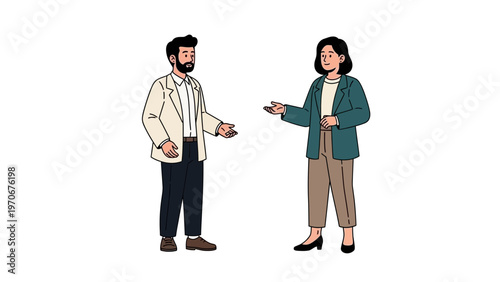 Two colleagues discussing ideas in a professional setting, illustrated characters