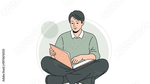 Young man sitting cross-legged, reading a book on his lap, minimalist illustration