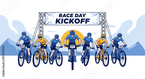 Mountain Bike Race Featuring Athletes at the Start Line with a Race Day Kickoff Banner
