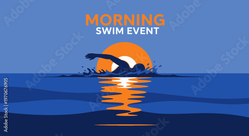 Morning Swim Event: Silhouette Swimmer at Sunrise and Aquatic Activity Illustration