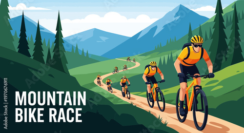 Mountain Bike Race Featuring Cyclists Racing Downhill On Scenic Mountain Trails