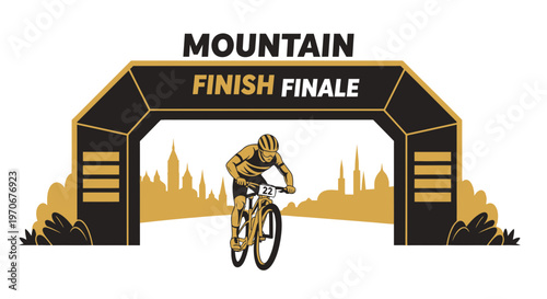 Mountain Bike Race Finale: Athletic Competition with Cyclist Crossing the Finish Line