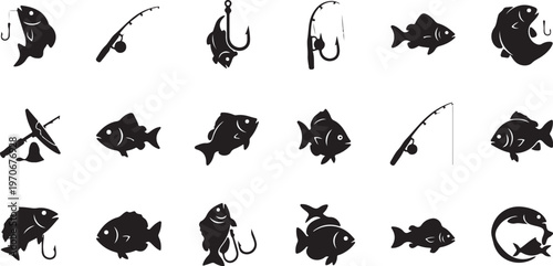 Fishing icons and silhouettes of fish and hooks set