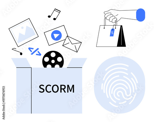 Online education, e-learning systems, data protection, shopping trends, content sharing, multimedia learning. SCORM package with media files, shopping bag and fingerprint. Online education