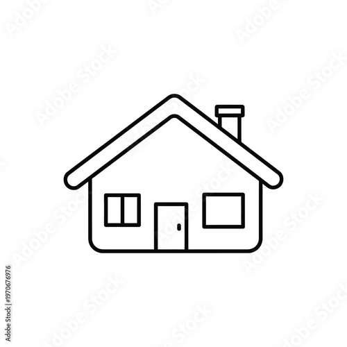 Simple house icon with chimney, door, and windows, outline of home, real estate symbol, residential building, vector illustration isolated on white.