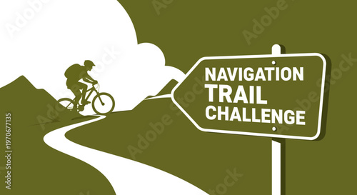 Mountain Bike Adventure on Trail With Navigation Challenge Signage, Active Lifestyle Focus