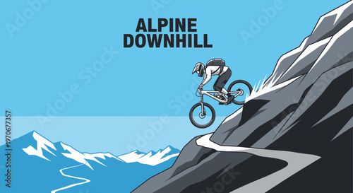 Mountain Bike Descent: A Thrilling Alpine Downhill Adventure Against Blue Skies