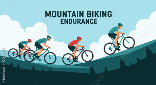 Mountain Biking Endurance: Cyclists Ascending a Steep Hill on a Scenic Mountain Trail