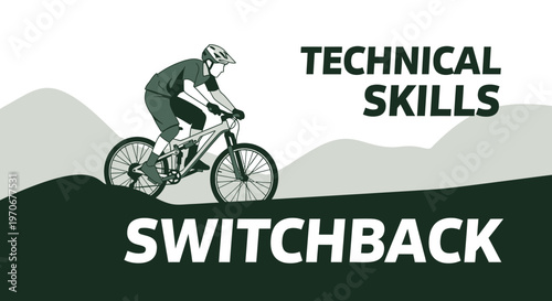 Mountain Biker Demonstrates Technical Skills on a Switchback Trail with Illustration