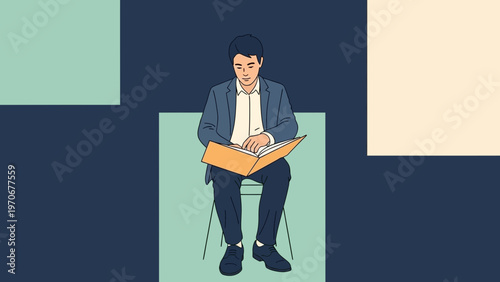 Man in Suit Reading Book While Sitting on Chair, Minimalist Background