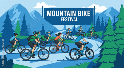 Mountain Bike Festival Illustration With Participants Riding Downhill Through Green Scenery