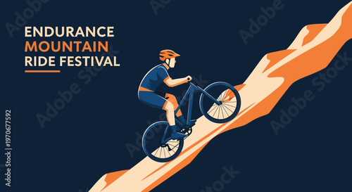 Mountain Bike Festival Illustration With Cyclist Climbing, Endurance and Extreme Sports