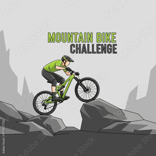 Mountain Biker Mastering Rocky Terrain: Extreme Sports Challenge in Natural Landscape