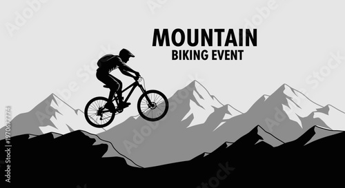 Mountain Biking Event Silhouette Over Mountainous Terrain With Biker Jumping Over Landscape