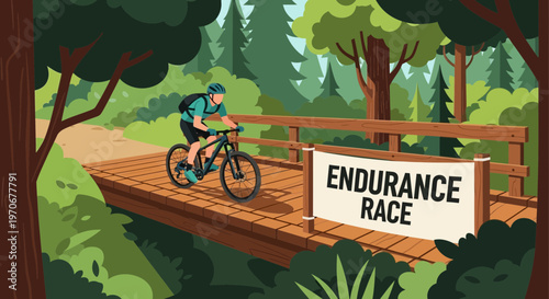 Mountain Biker On Wooden Bridge At Forest Endurance Race Event