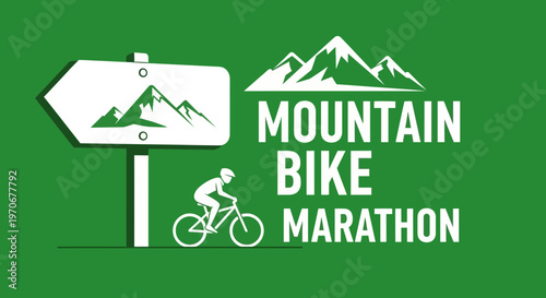 Mountain Bike Marathon Event Sign With Directions and Silhouette Cyclist, Green Background
