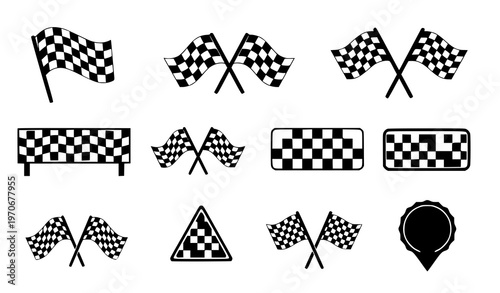 Flat racing flag icon set with checkered finish flags in multiple shapes motorsport symbol collection