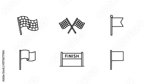 Minimal racing flag outline icon set with checkered finish line symbols in thin line style