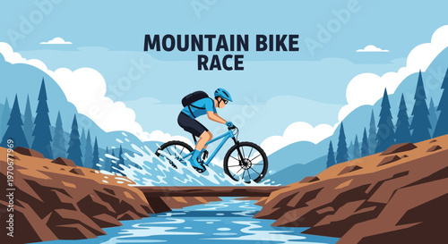 Mountain Biking Illustration: A Rider Conquering a Challenging Water Crossing for the Race