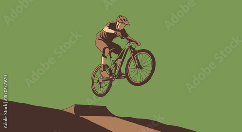 Mountain Biker Soaring Through The Air With Bike On A Vibrant Green Background