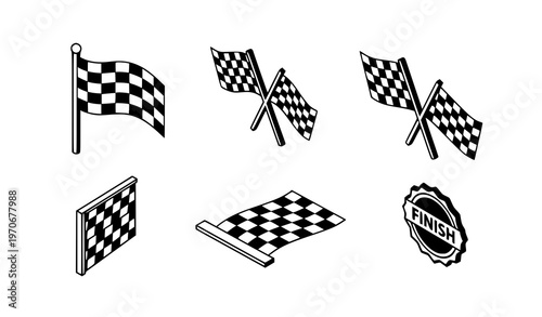 Isometric racing flag icon set with checkered motorsport finish flags and speed symbols
