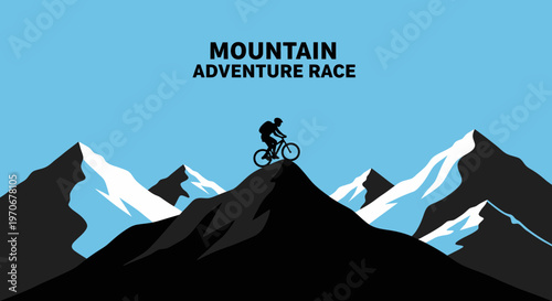 Mountain Biking Adventure Race Concept With A Cyclist Silhouette on A Mountain Peak
