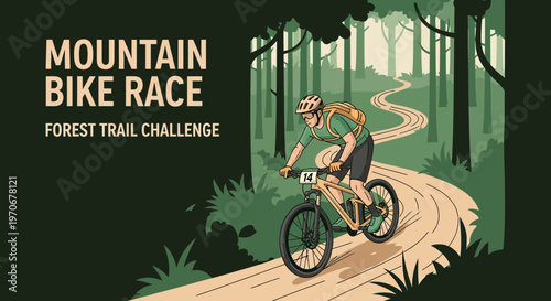 Mountain Biking Through Forest: A Dynamic Illustration Of Adventure And Competition