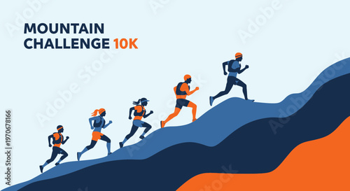 Mountain Challenge 10k: Athletes Ascending Steep Terrain in a Vibrant Illustration