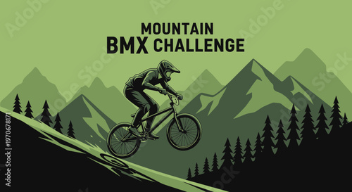 Mountain BMX Challenge Depicting Biker in a Scenic Landscape of Hills and Mountains