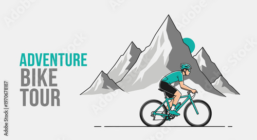 Mountain Biking Adventure Tour Depicting A Cyclist In Front Of Mountains And Sun