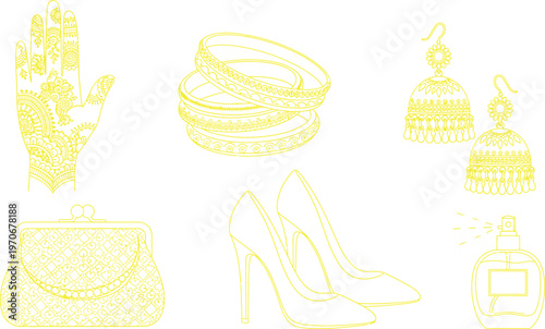Elegant collection of traditional Indian bridal and festive accessories featuring mehndi hand bangles jhumka earrings and high heels rendered in a minimalist outline vector style
