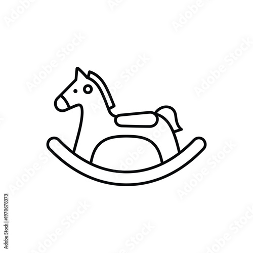 Simple outline icon of rocking horse toy for children symbolizing childhood play and innocence isolated on white background classic toy design.