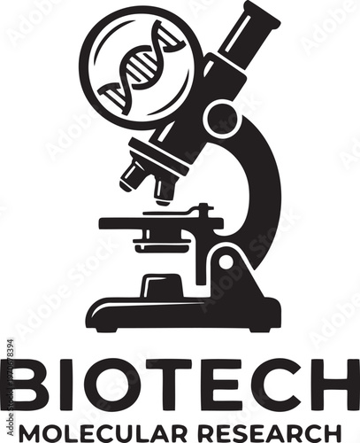 Biotech molecular research vector logo, a black and white science microscope icon with DNA helix, perfect for biotechnology branding and scientific illustration.