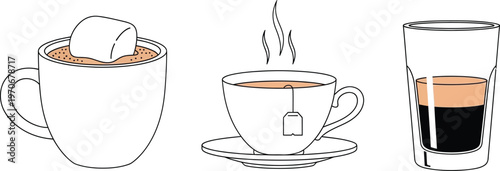 Minimalist outline vector illustration of popular hot beverages including coffee tea and hot chocolate ideal for cafe menus web design or app icons