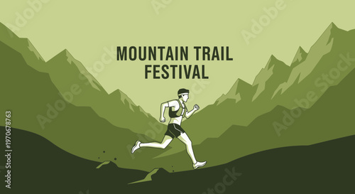 Mountain Trail Festival Illustration Depicting Runner Amidst Mountains for Events or Promotions