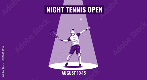Night Tennis Open Tournament: Tennis Player Serving with Spotlight on Purple Background