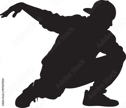 Silhouette of a Hip Hop Dancer in a Dynamic Crouch Pose on White Background