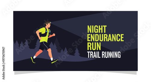 Night Trail Running Illustration Depicting Athlete Exercising With Headlamp In The Dark
