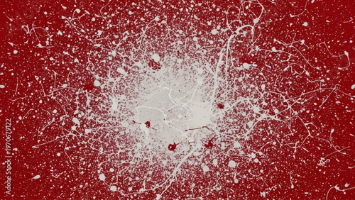 Abstract explosion of white particles against a vibrant red background