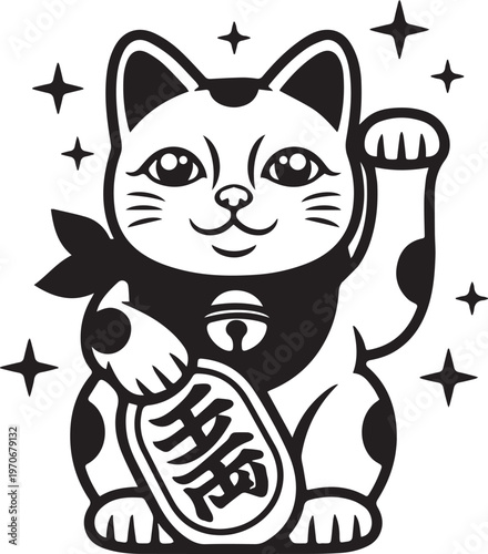 Lucky Cat Maneki Neko Design Japanese Fortune Cat, Maneki Neko Vector Clipart, Minimal Asian Lucky Charm Design