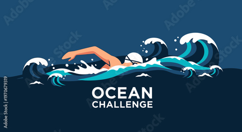 Ocean Swimmer Navigating The Waves During A Competitive Swimming Challenge