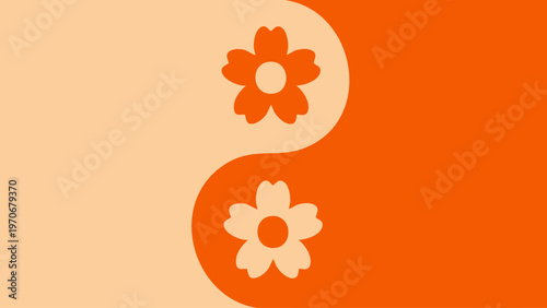 A yin and yang symbol featuring floral designs in orange and cream