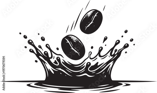 Dynamic coffee bean splash vector illustration, two dark roasted coffee beans falling into a rich brown liquid, energetic beverage design element for cafes and menus