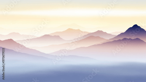 Layered mountain range fading into a hazy pastel colored sky